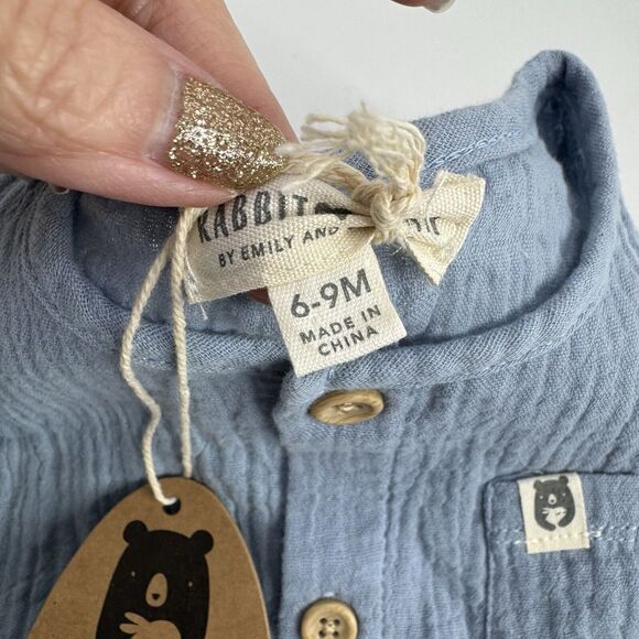 Rabbit+Bear Organic Cotton Infant 6-9 mo Outfit Hat One Piece Gauze Blue Short - Picture 3 of 5